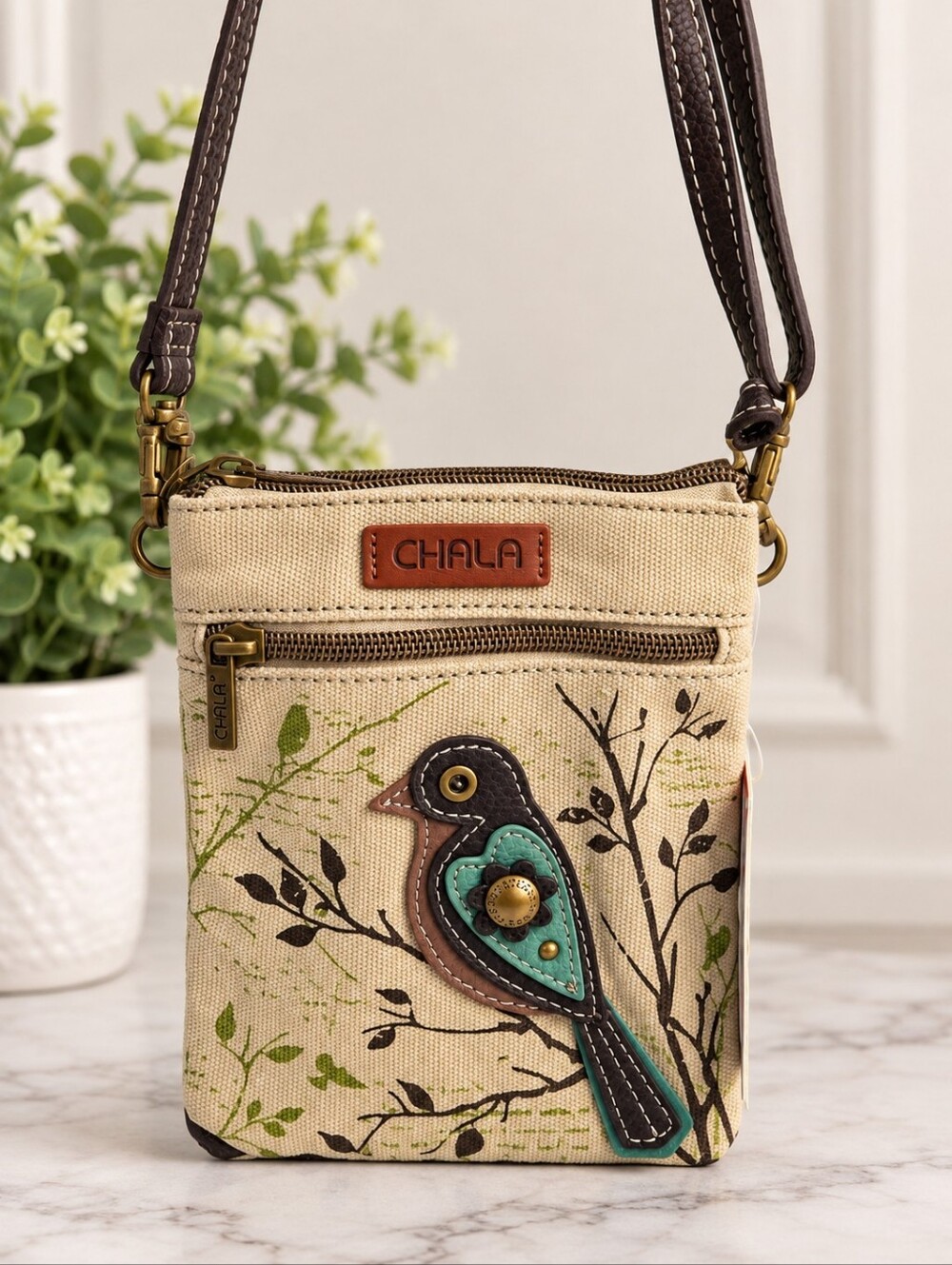 Chala Bird Safari Double Pocket Crossbody Sand NWT RFID Phone Bag